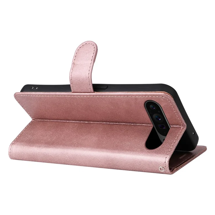 For Google Pixel 9 Pro XL Case Solid Color Leather Mobile Cover Wallet Stand with Strap - Rose Gold