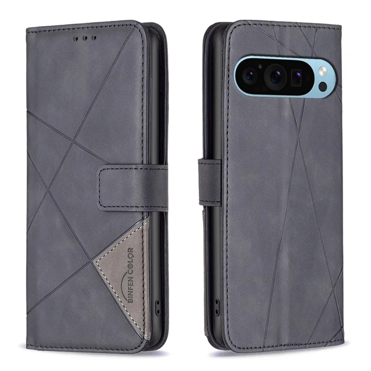 BINFEN COLOR For Google Pixel 9 Pro XL Phone Cases Wallet Stand Geometry Imprinted Leather Cover - Black