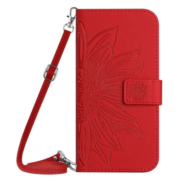 HT04 For Oppo Reno11 F 5G / F25 Pro 5G Case with Shoulder Strap Sunflower PU Leather Flip Phone Cover - Red