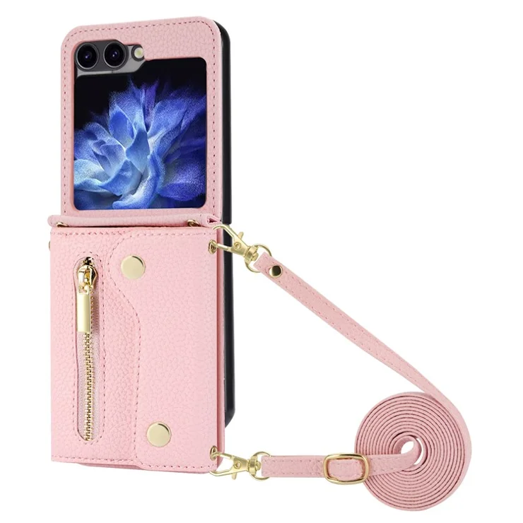 For Samsung Galaxy Z Flip5 5G Case Card Holder Crossbody Phone Purse Leather Back Cover - Pink