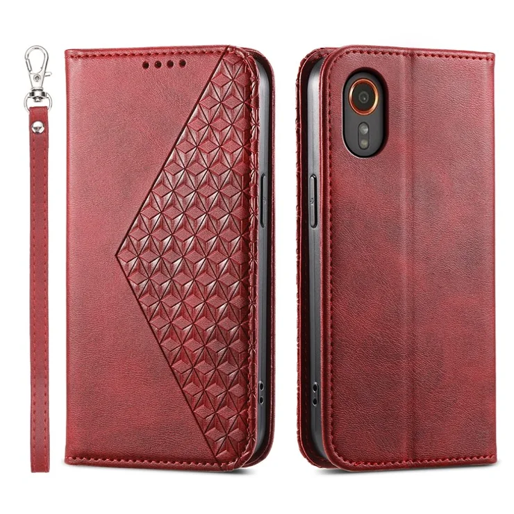 For Samsung Galaxy Xcover7 Case PU Leather+TPU Rhombus Imprinted Cell Phone Stand Cover - Red