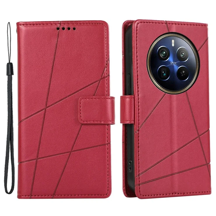 DF-06 For Realme 12 Pro 5G / 12 Pro+ 5G Wallet Case PU Leather Line Imprinted Flip Phone Cover - Red