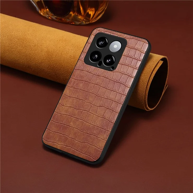 For Xiaomi 14 Case Crocodile Texture Camera Protection Leather Back Cover - Brown