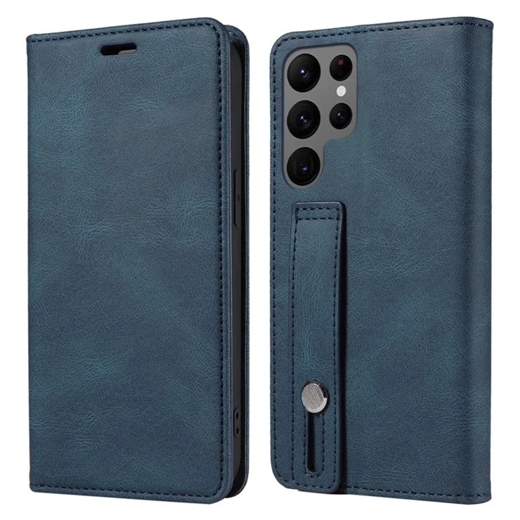 For Samsung Galaxy S24 Ultra Leather Case Wristband Design Stand Phone Cover - Blue