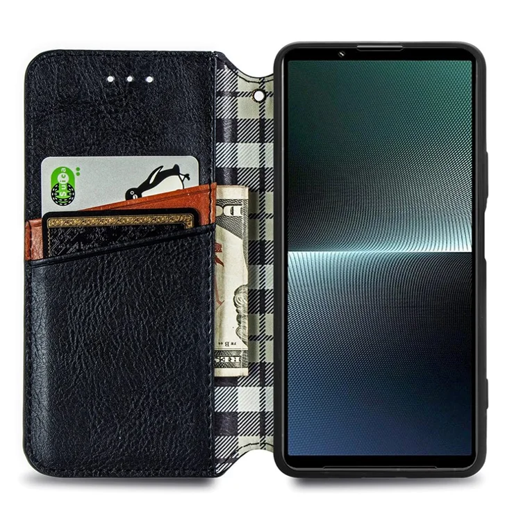 For Sony Xperia 1 V PU Leather Case Rhombus Imprint Wallet Stand Phone Cover - Black