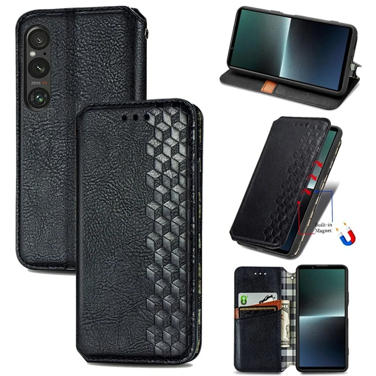 For Sony Xperia 1 V PU Leather Case Rhombus Imprint Wallet Stand Phone Cover - Black