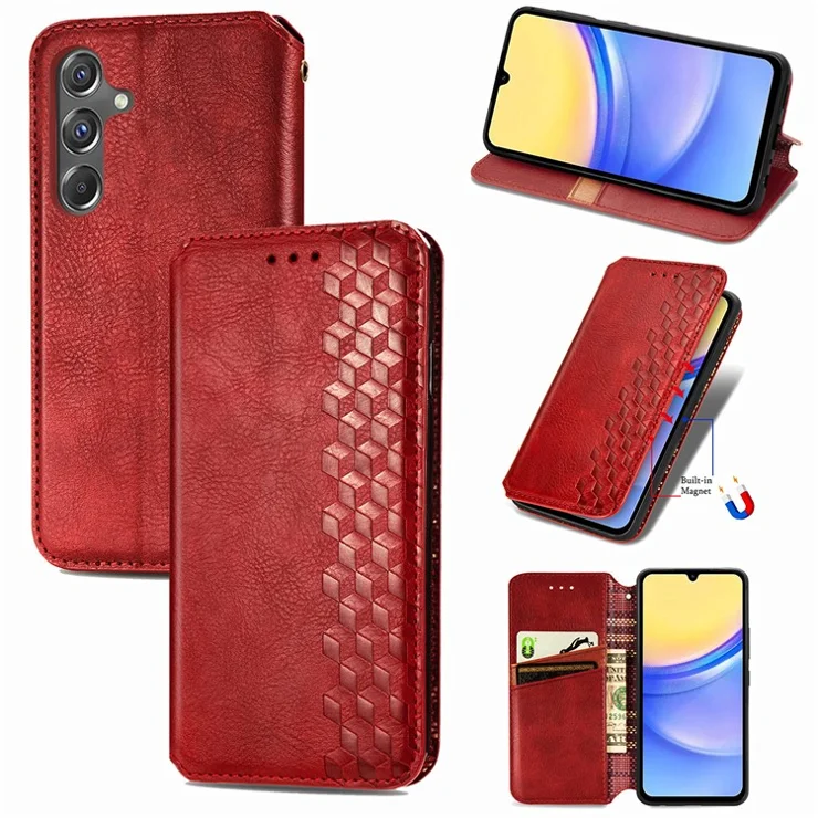 For Samsung Galaxy A15 4G / A15 5G PU Leather Case Rhombus Imprint Wallet Stand Phone Cover - Red