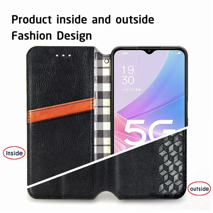 For Oppo A78 4G PU Leather Case Rhombus Imprint Wallet Stand Phone Cover - Black