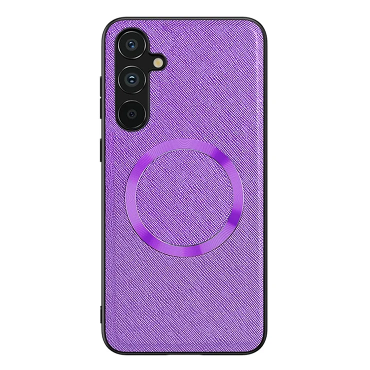 For Samsung Galaxy A15 4G / 5G Magnetic Case Cross Texture Leather Coated TPU Phone Cover - Purple