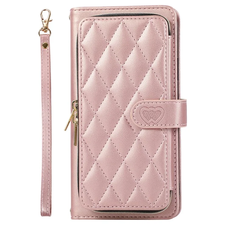 For Samsung Galaxy A34 5G Case Zipper Pocket Leather Wallet Phone Cover with Hand Strap - Rose Gold