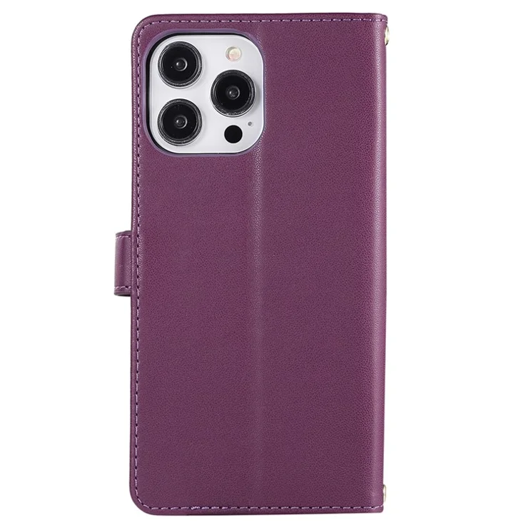 For iPhone 14 Pro Max Wallet Case Folio PU Leather Stand Rhombus Phone Cover with Hand Strap - Dark Purple