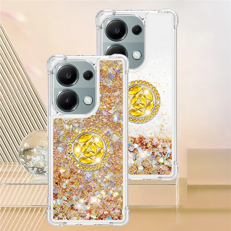 For Xiaomi Redmi Note 13 Pro 4G / Poco M6 Pro 4G TPU Case with Kickstand Quicksand Shockproof Cover - Gold / Hearts