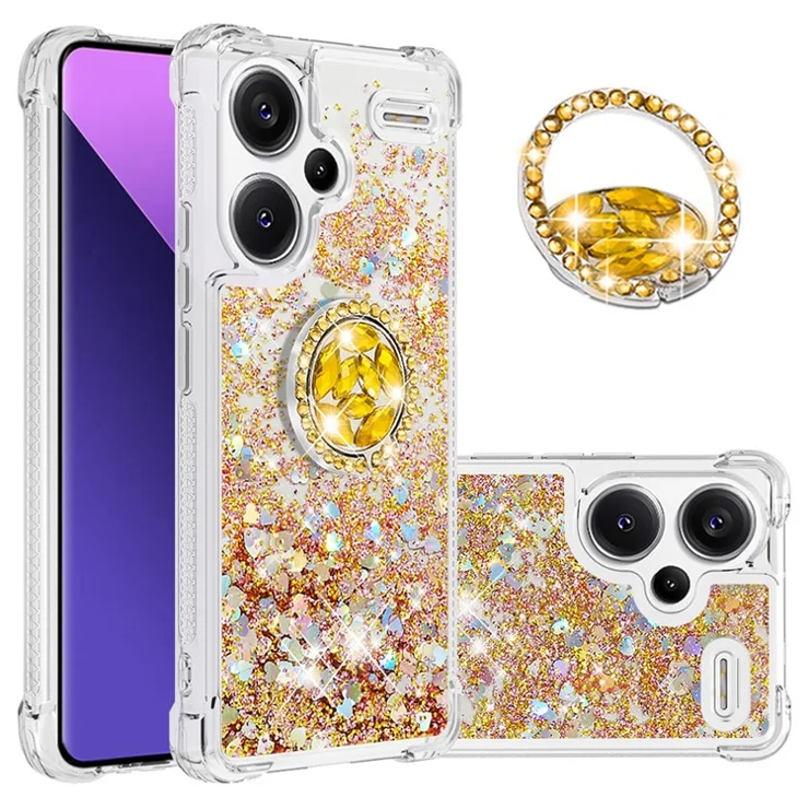 For Xiaomi Redmi Note 13 Pro+ 5G TPU Case with Kickstand Quicksand Shockproof Cover - Gold / Hearts