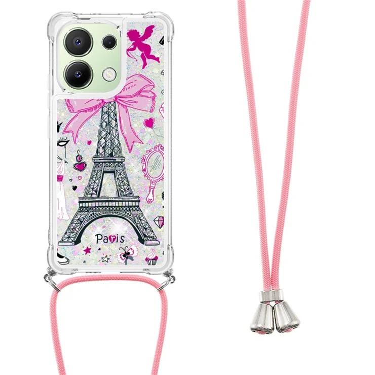 For Xiaomi Redmi Note 13 4G TPU Case with Lanyard Quicksand Pattern Print Phone Cover - Mirror / Tower
