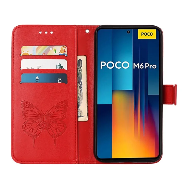 For Xiaomi Redmi Note 13 Pro 4G / Poco M6 Pro 4G Wallet Case with Wrist Strap Butterfly Imprint Leather Phone Cover - Red