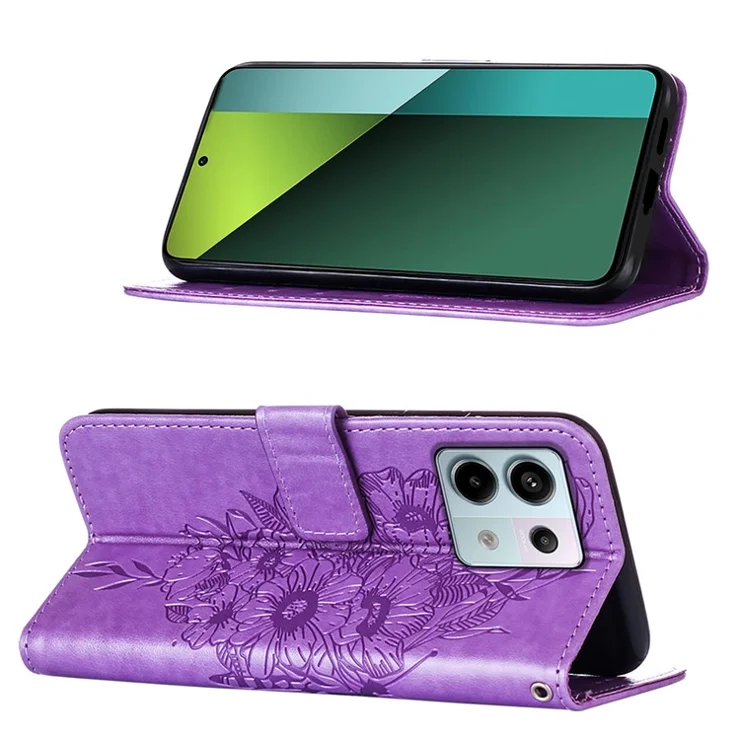 For Xiaomi Redmi Note 13 Pro 5G / Poco X6 5G Wallet Case with Wrist Strap Butterfly Imprint Leather Phone Cover - Purple