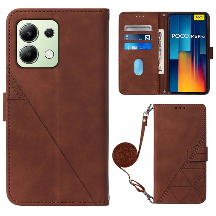 For Xiaomi Redmi Note 13 Pro 4G / Poco M6 Pro 4G Leather Case with Shoulder Strap Wallet Stand Phone Cover - Brown