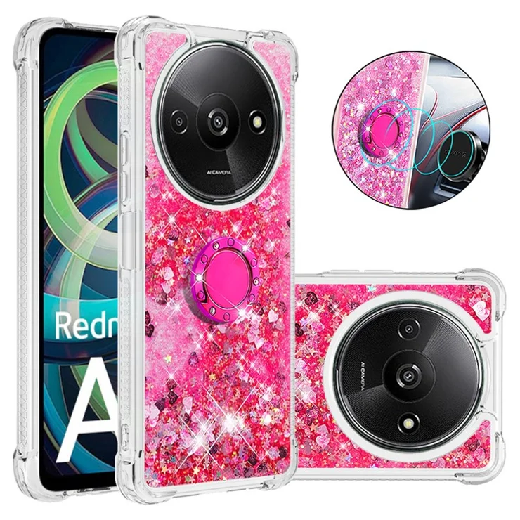 For Xiaomi Redmi A3 / Poco C61 4G TPU Case with Kickstand Quicksand Shockproof Cover - Pink / Hearts