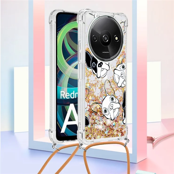 For Xiaomi Redmi A3 4G / Poco C61 4G TPU Case with Lanyard Quicksand Pattern Print Phone Cover - Black+White Puppy