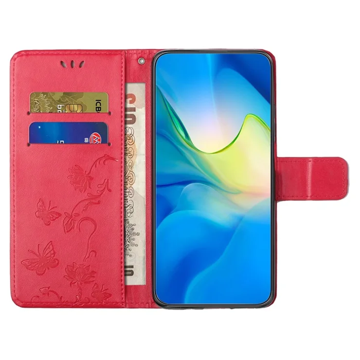 For Motorola Moto E14 4G / G04 4G / G04s 4G / G24 4G Wallet Case Butterfly Flower Leather Flip Phone Cover - Red