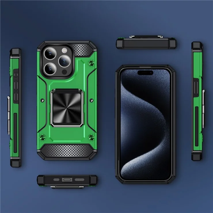 For iPhone 15 Pro Max Case with Ring Kickstand PC+TPU Shockproof Protective Phone Cover - Green
