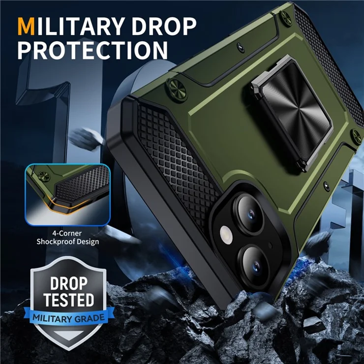 For iPhone 14 Case Rotation Ring Holder PC+TPU Drop Protection Phone Cover - Army Green