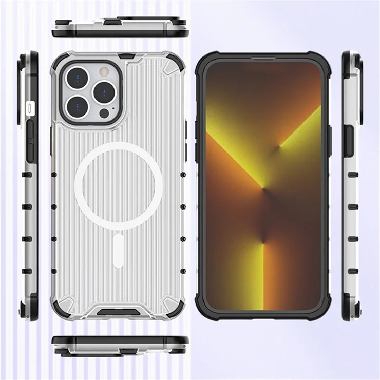For iPhone 14 Pro Magnetic Case Strip Pattern PC+TPU Cover Compatible with MagSafe - Grey
