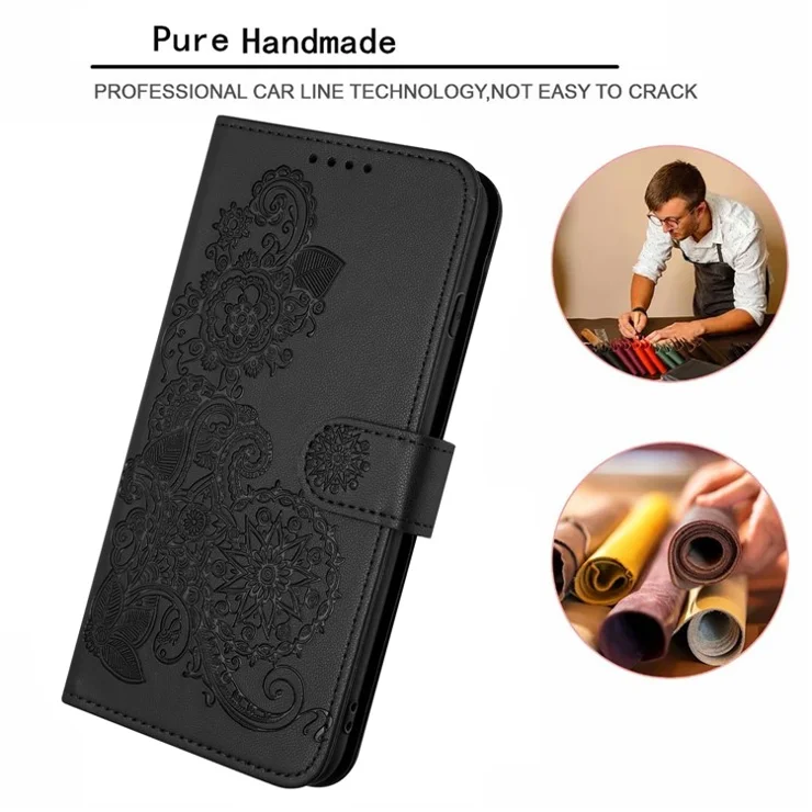 For Xiaomi Redmi Note 13 4G Phone Cases Mandala Flower Leather Wallet Mobile Cover with Strap - Black
