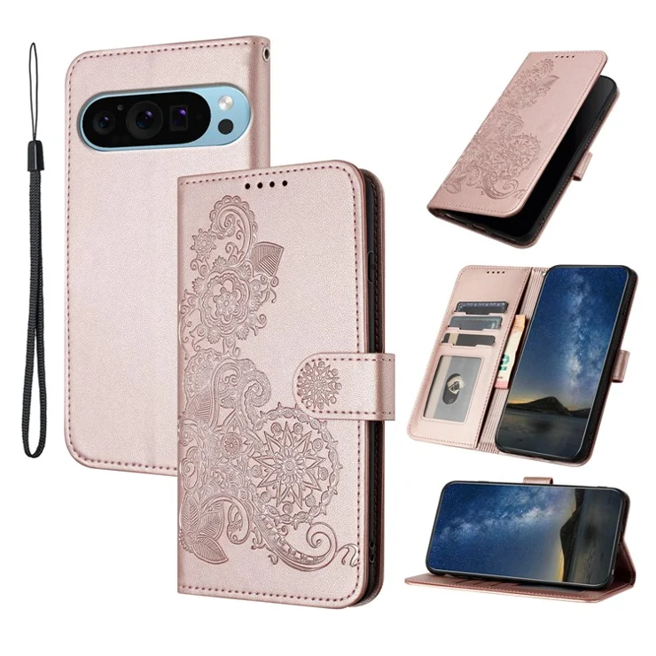 For Google Pixel 9 Pro XL Phone Cases Mandala Flower Leather Wallet Mobile Cover with Strap - Rose Gold