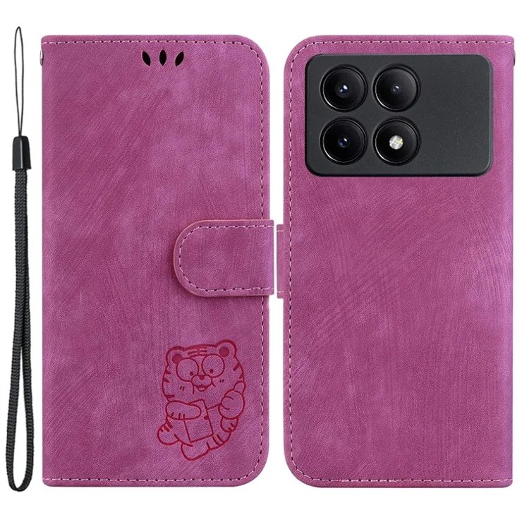 For Xiaomi Redmi K70E 5G / Poco X6 Pro 5G Leather Cover Tiger Imprint Phone Cover with Hand Strap - Rose Red