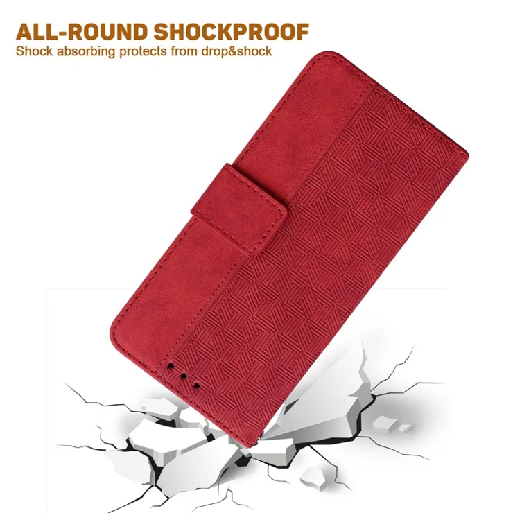 For Xiaomi Redmi A3 / Poco C61 4G Cell Phone Case Leather Cover Phone Protective Shell Geometry Design - Red