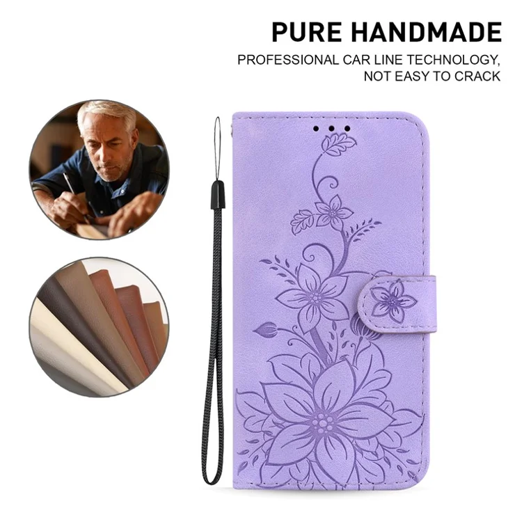 For Xiaomi Redmi A3 / Poco C61 4G Cell Phone Case Flower Imprint Leather Phone Shell - Purple