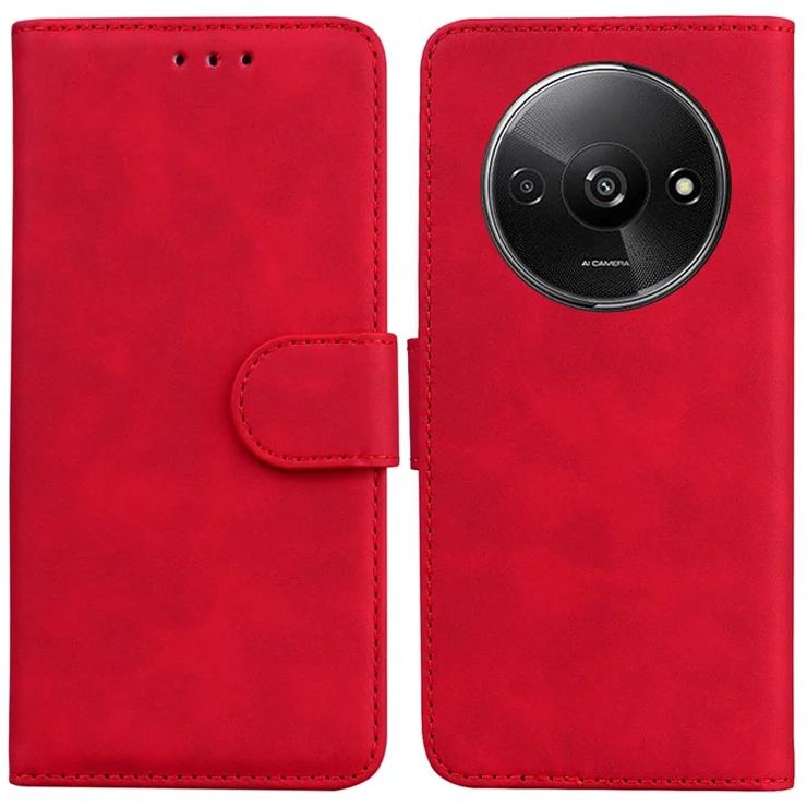 For Xiaomi Redmi A3 / Poco C61 4G Cell Phone Case PU Leather Drop-proof Cover Pure Color Phone Stand - Red