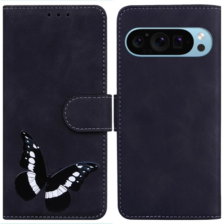 For Google Pixel 9 Pro XL Case Drop Resistant Butterfly Printing PU Leather Mobile Phone Cover - Black