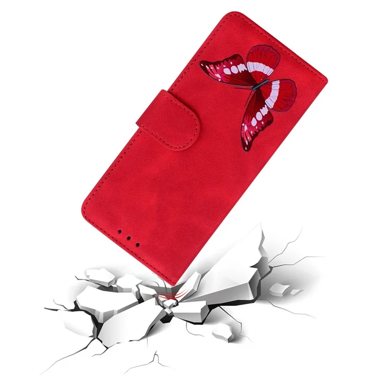 For Motorola Moto G Play (2024) 4G Case Butterfly Printing Anti-Scratch Leather Flip Phone Cover with Wallet - Red