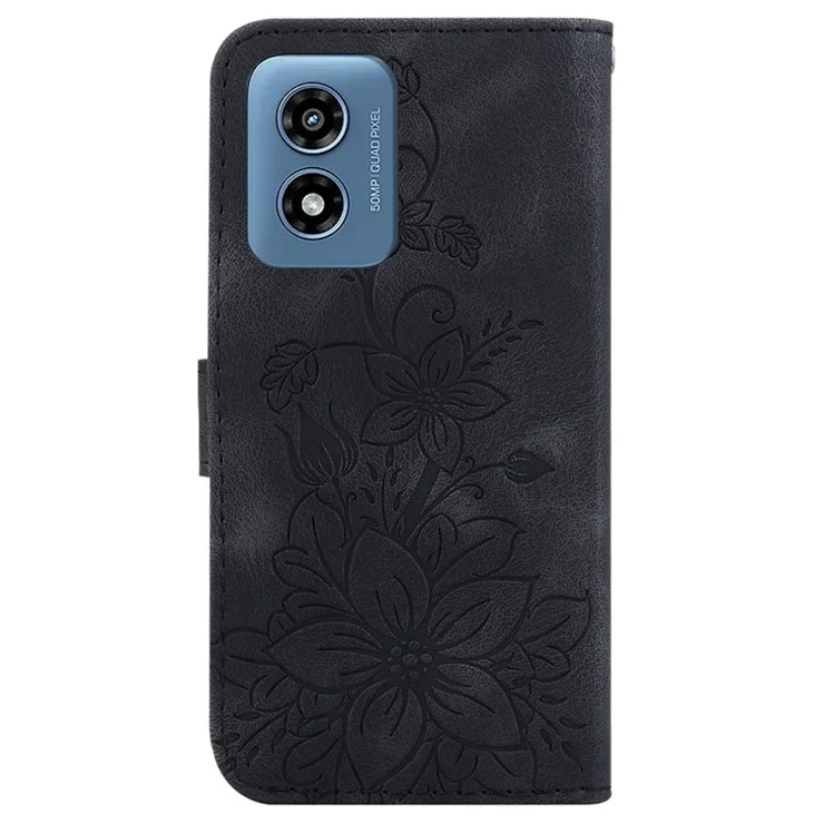 For Motorola Moto G Play (2024) 4G Wallet Case Flower Imprint Leather Cell Phone Cover - Black