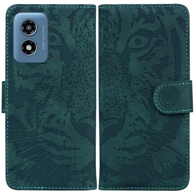 For Motorola Moto G Play (2024) 4G Wallet Case Imprinted Tiger Pattern Leather Stand Phone Cover - Green