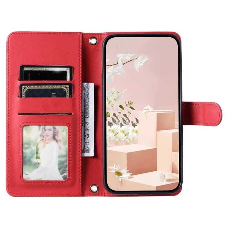 Wallet Case for Oppo A16 / A16s / A55 / A55 5G / A54 4G / A54s / A56 5G / Realme V11 5G , Rhombus Grid Card Holder Leather Phone Cover - Red