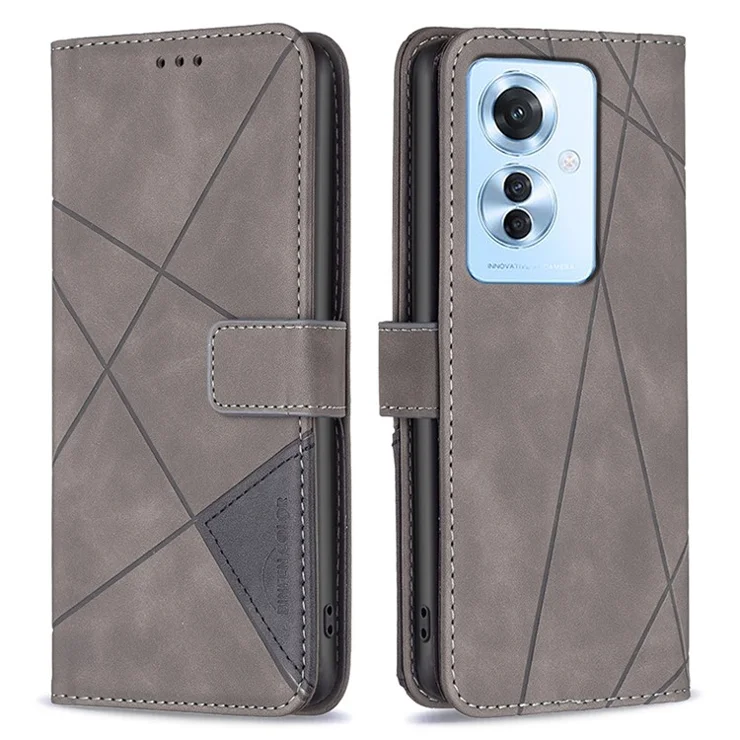 BINFEN COLOR For Oppo Reno11 F 5G Phone Cases Wallet Stand Geometry Imprinted Leather Cover - Grey