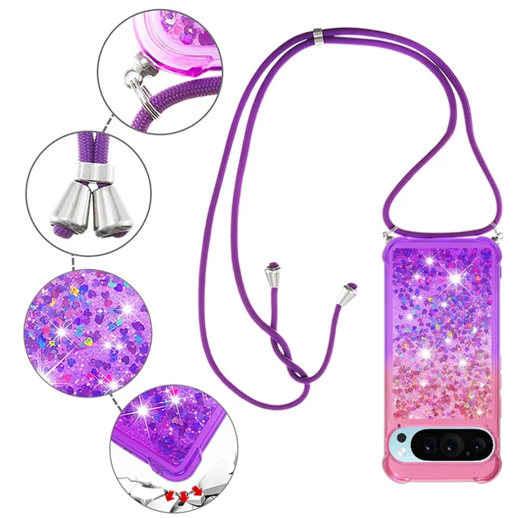 For Google Pixel 9 Pro XL TPU Case Gradiant Quicksand Shockproof Cover with Lanyard - Pink+Purple