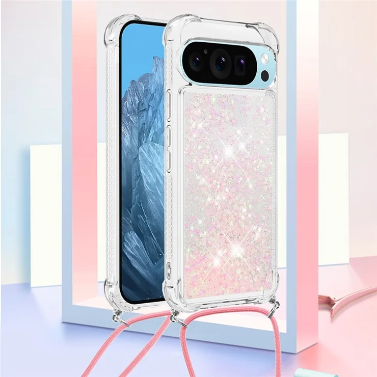 For Google Pixel 9 Pro XL TPU Case Quicksand Design Phone Cover with Lanyard - Pink / Pentagram