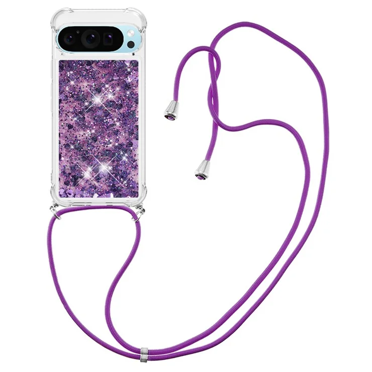 For Google Pixel 9 Pro XL TPU Case Quicksand Design Phone Cover with Lanyard - Dark Purple / Hearts