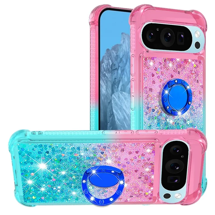 For Google Pixel 9 Pro XL TPU Case with Kickstand Gradiant Quicksand Shockproof Cover - Pink+Sky Blue