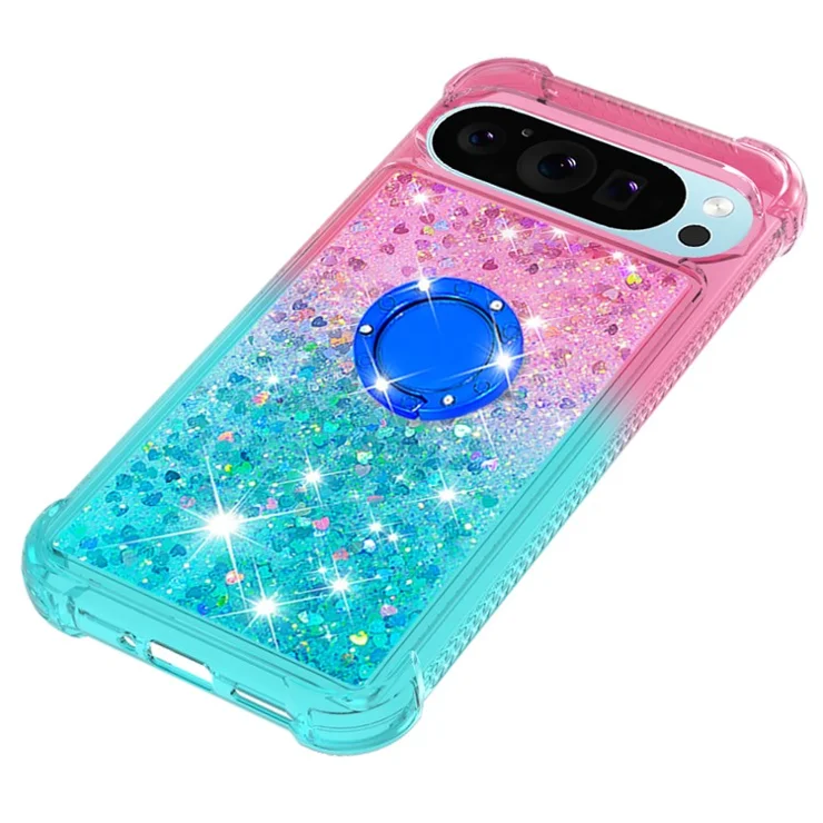 For Google Pixel 9 Pro XL TPU Case with Kickstand Gradiant Quicksand Shockproof Cover - Pink+Sky Blue