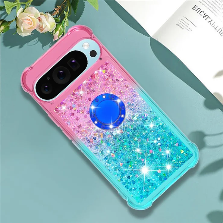 For Google Pixel 9 Pro XL TPU Case with Kickstand Gradiant Quicksand Shockproof Cover - Pink+Sky Blue