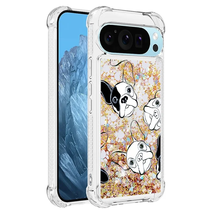 For Google Pixel 9 Pro XL TPU Case with Quicksand and Pattern Printed - Black+White Puppy