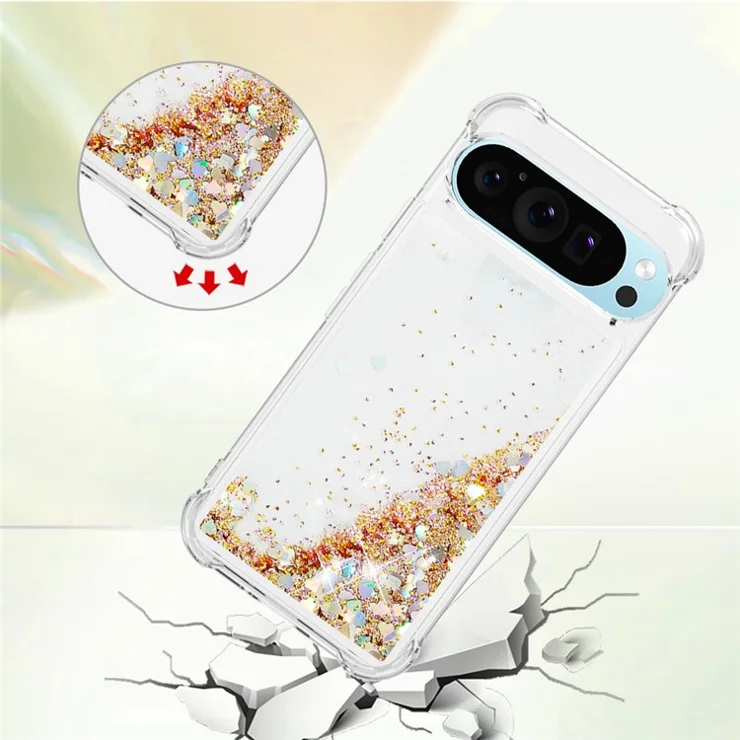 For Google Pixel 9 Pro XL TPU Case Glitter Quicksand Shockproof Phone Back Cover - Gold / Hearts
