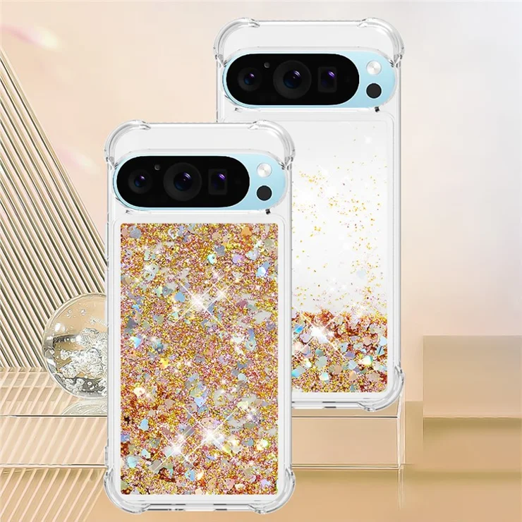 For Google Pixel 9 Pro XL TPU Case Glitter Quicksand Shockproof Phone Back Cover - Gold / Hearts