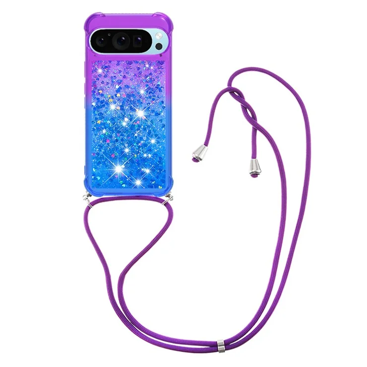 For Google Pixel 9 / Pixel 9 Pro TPU Case Gradiant Quicksand Shockproof Cover with Lanyard - Purple+Sky Blue