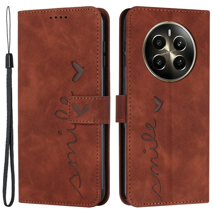 For Realme 12 Pro 5G / 12 Pro+ 5G Case Skin-touch Leather Flip Stand View Phone Cover with Strap - Brown
